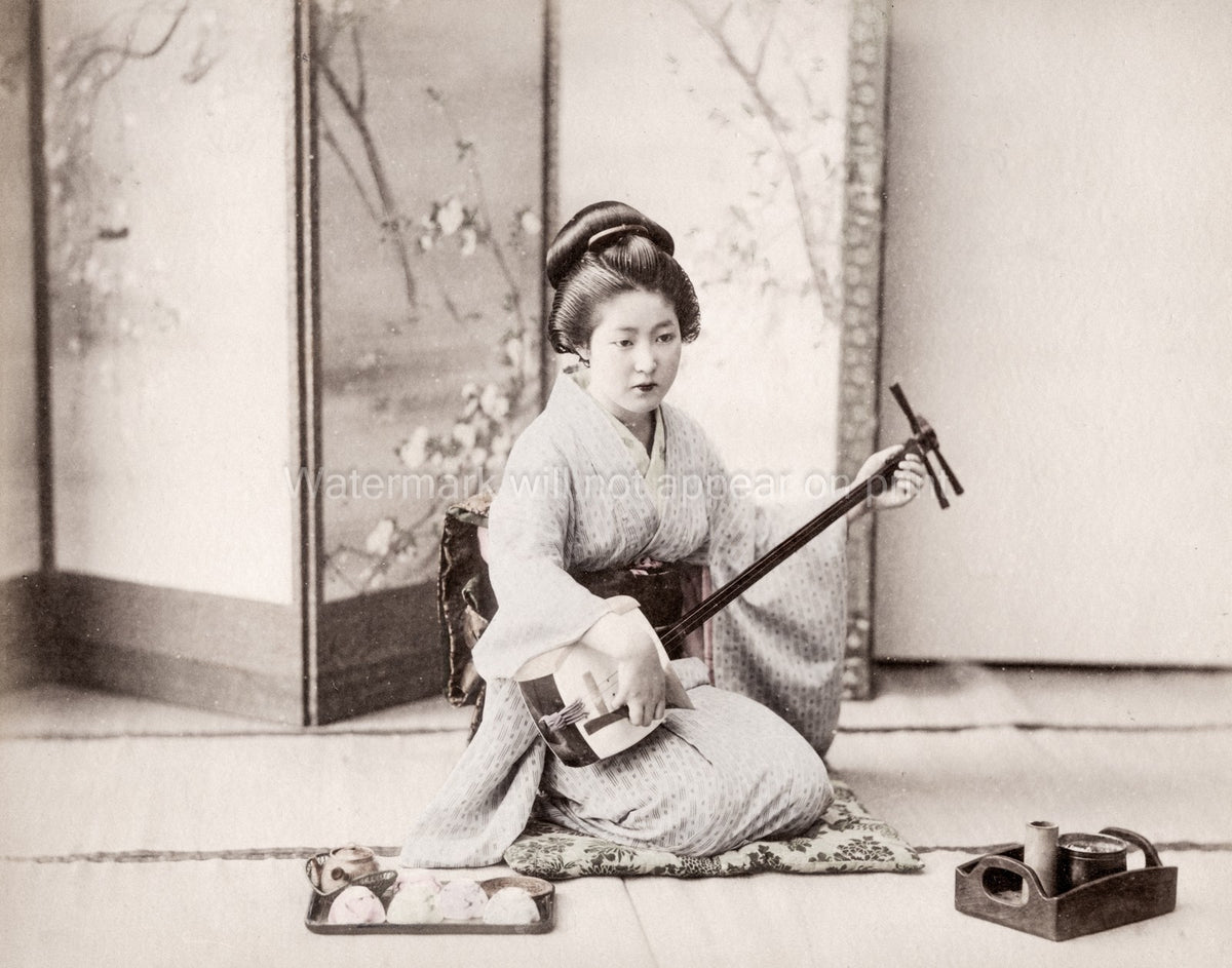 Japanese Musician Geisha Woman Kimono Shamisen Instrument Vtg. Photo 19thC.