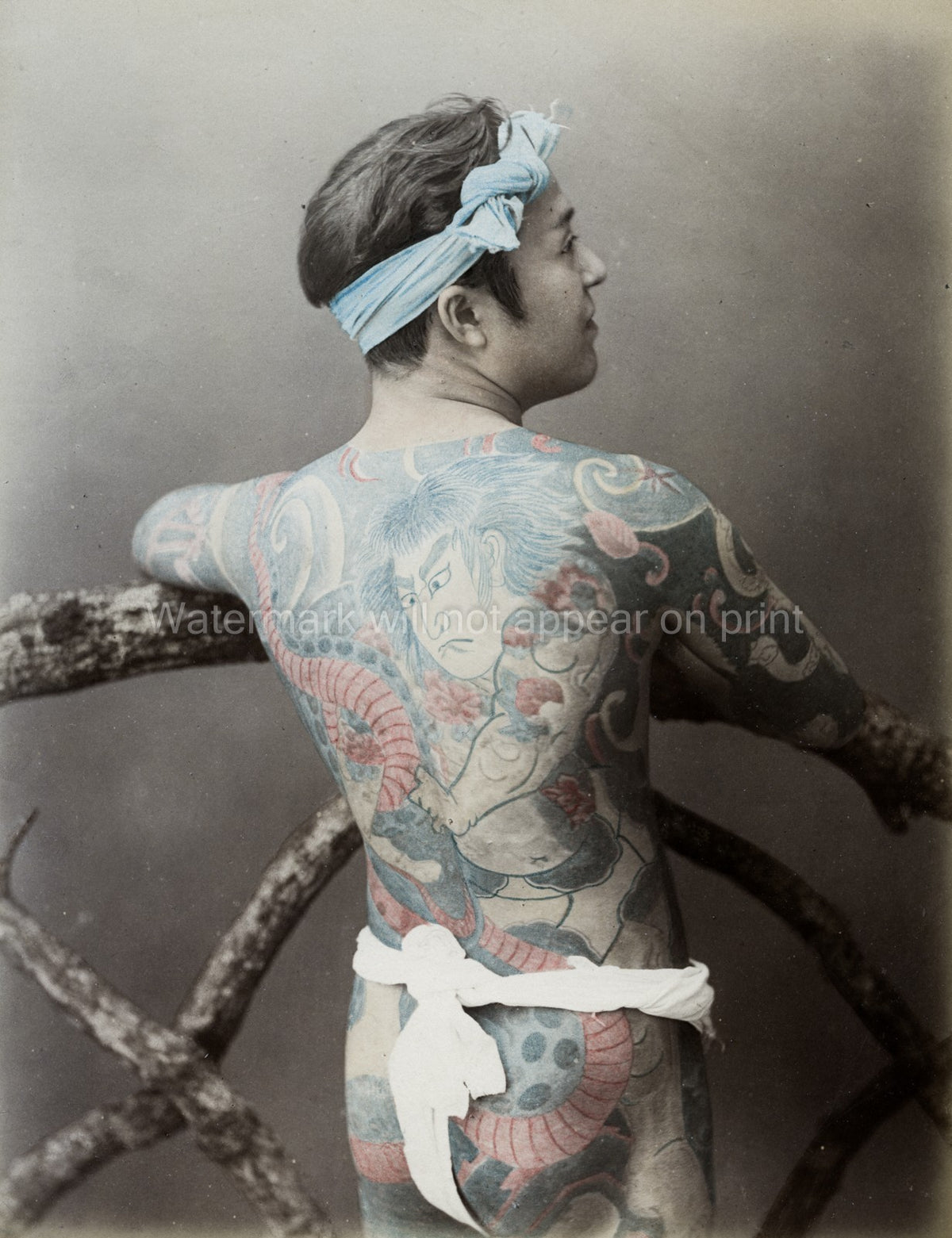 Japan Man Full Body Tattoo Irezumi Loin Cloth Headband Vtg. Photo 19thC.