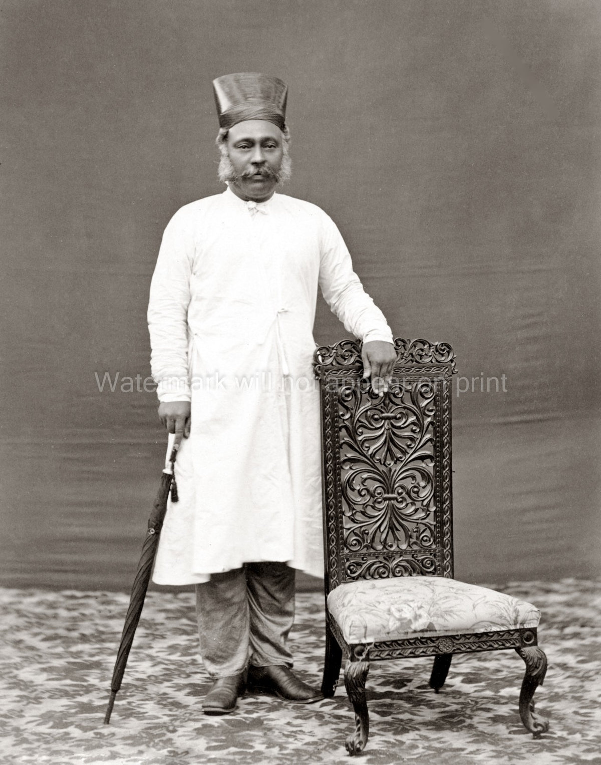 India Parsi Merchant Man Portrait Traditional Dress Ornate Vtg. Photo 19thC.