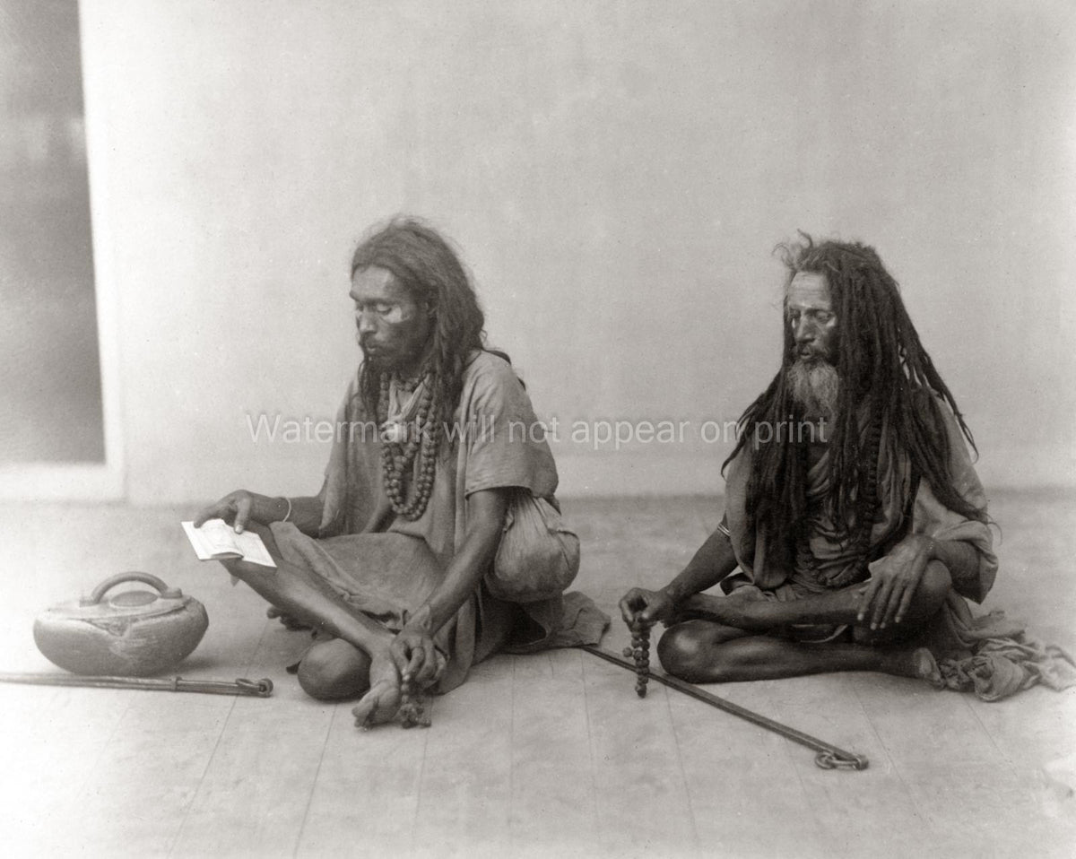 India Fakirs Holy Men Ascetics Reading Prayer Beads Vtg. Photo 19thC.