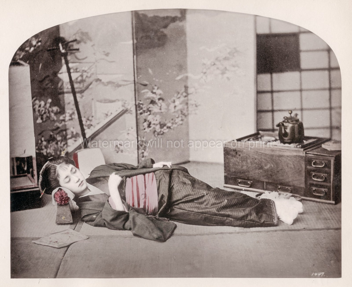 Young Japanese Woman Sleeping Geisha Kimono Tatami Mat Room Vtg. Photo 19thC.