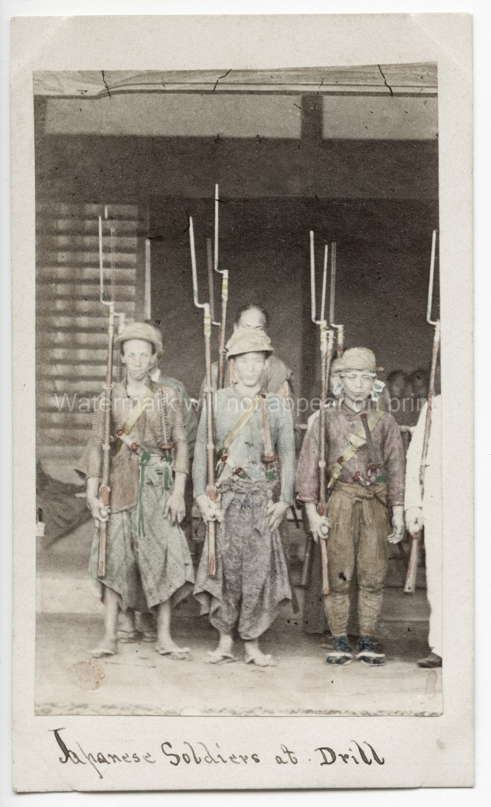 Japanese Soldiers Drill Training Rifles Bayonets Uniforms Vtg. Photo 19thC.