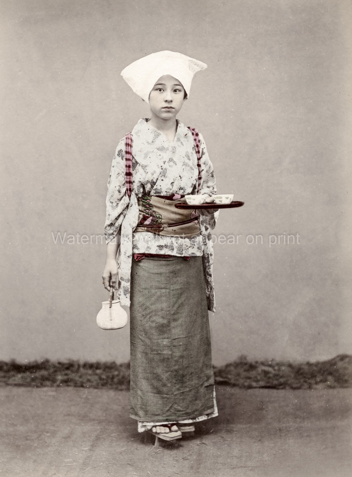 Japanese Tea House Girl Kimono Obi Serving Tray Portrait Vtg. Photo 19thC.