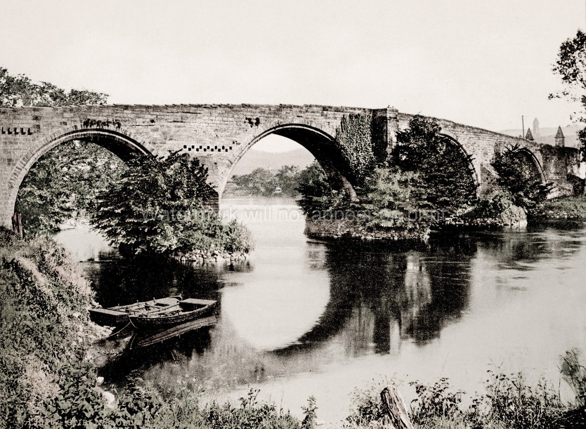 Stirling Old Bridge River Forth Scotland Stone Arches Boat Vtg. Photo 19thC.