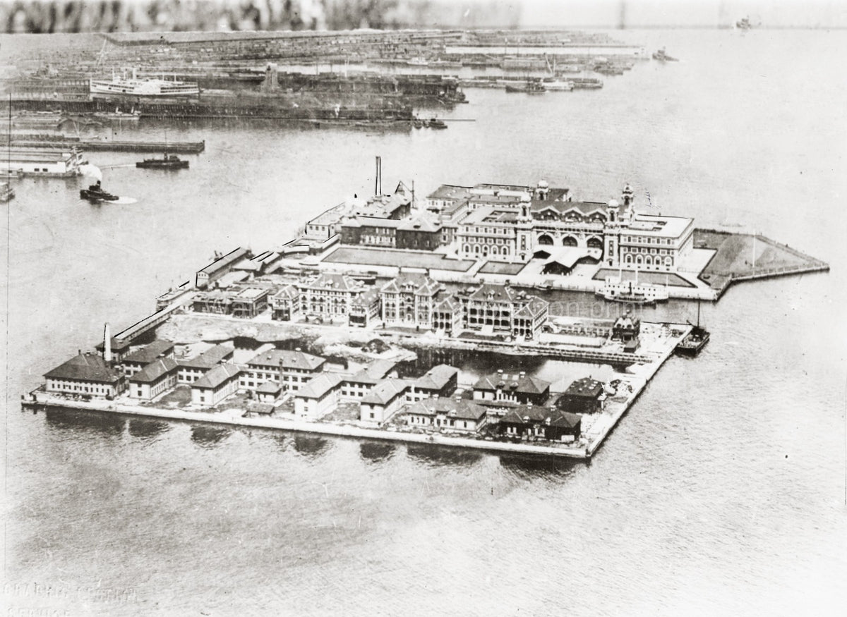 Ellis Island New York Aerial View Harbor Ships Immigration Vtg. Photo 20thC.