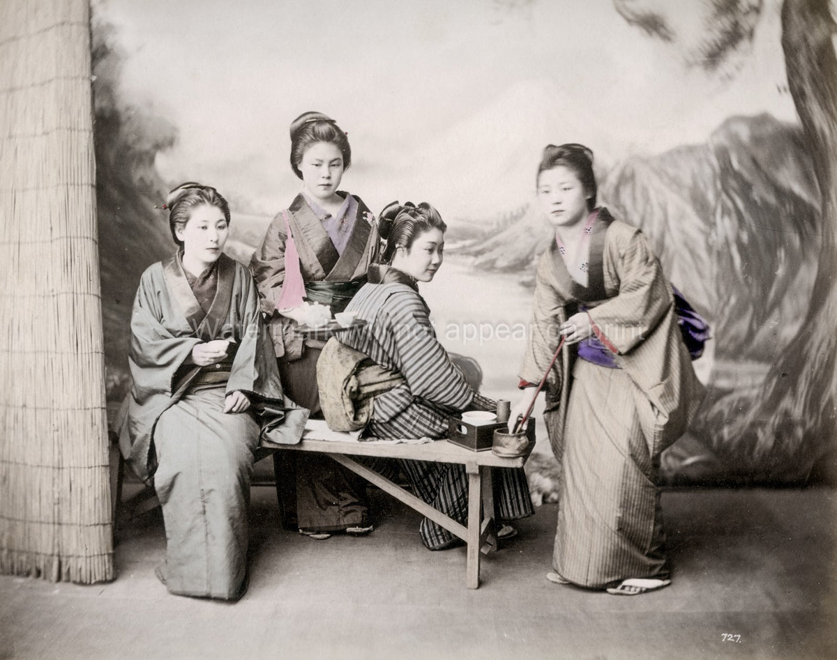 Young Japanese Women Kimono Traditional Dress Tea Ceremony Vtg. Photo 19thC.