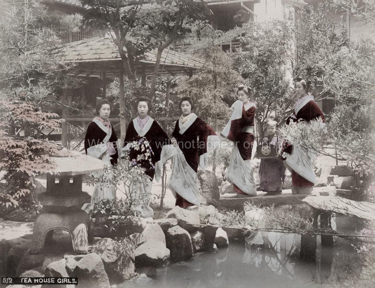 Japanese Women Ornate Kimonos Teahouse Garden Geisha Girls Vtg. Photo 19thC.