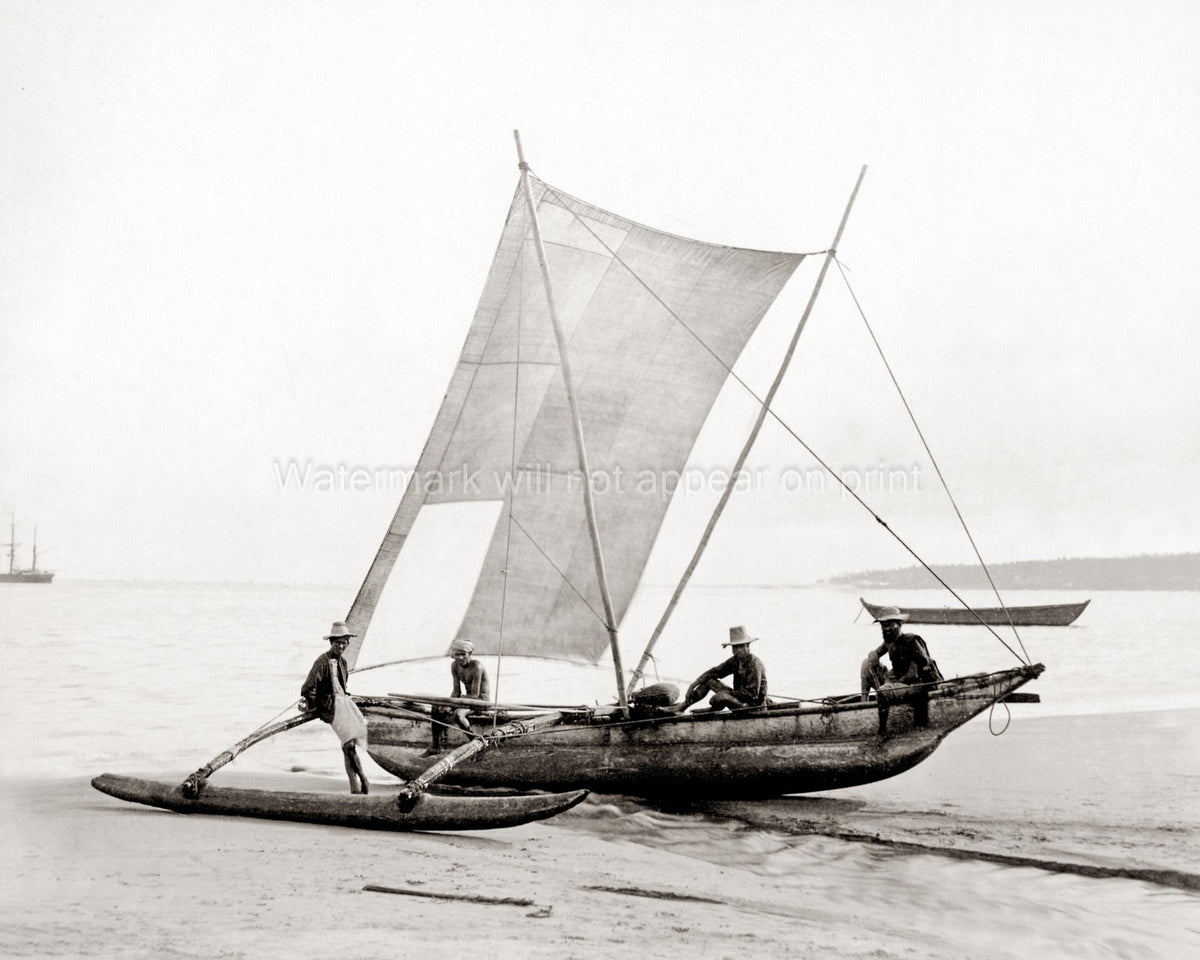 India Fishing Boat Outrigger Canoe Fishermen Sailboat Beach Vtg. Photo 19thC.