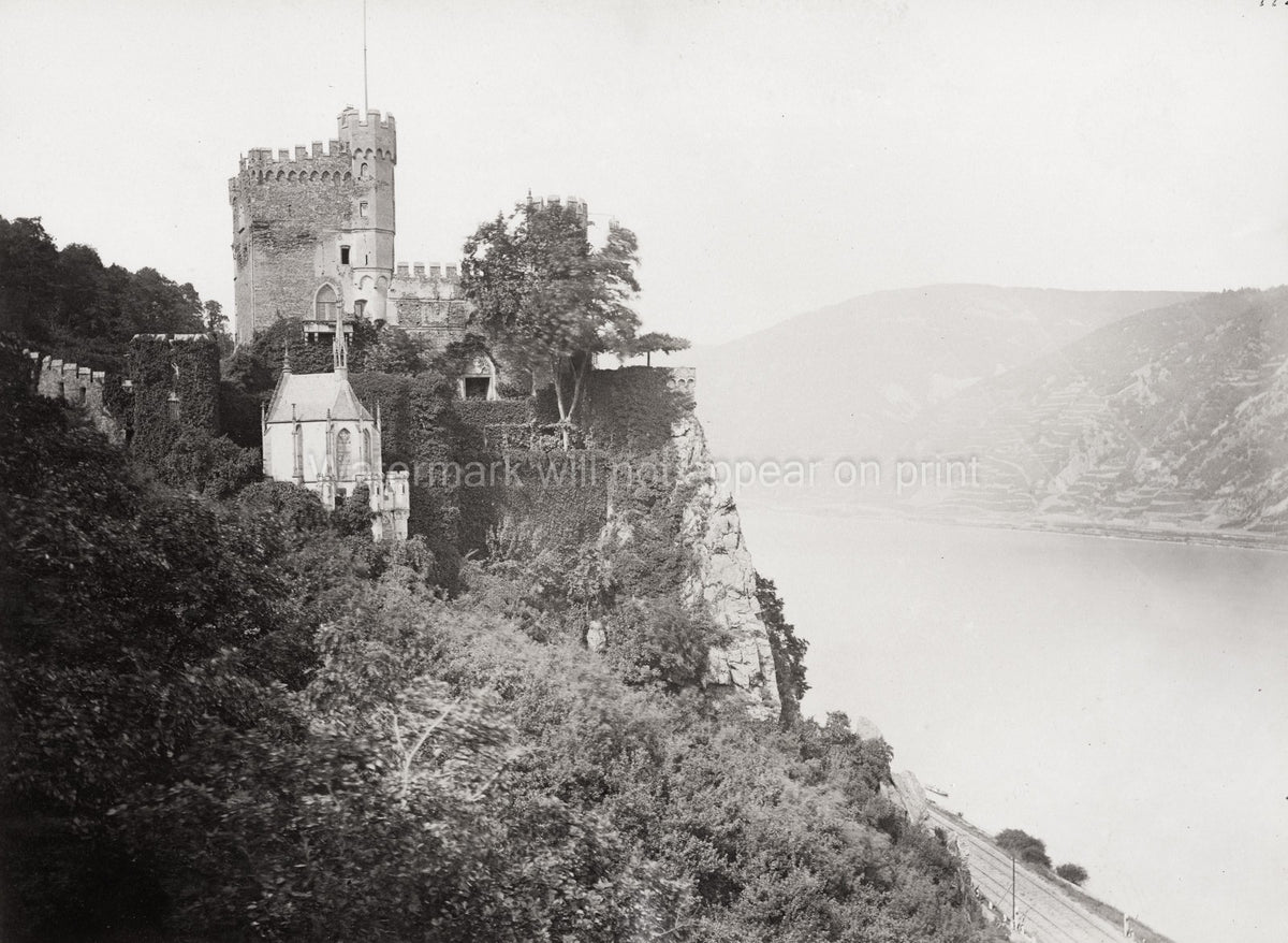 Rheinstein Castle River Rhine Germany Fortress Cliff Landscape Vtg. Photo 19thC.