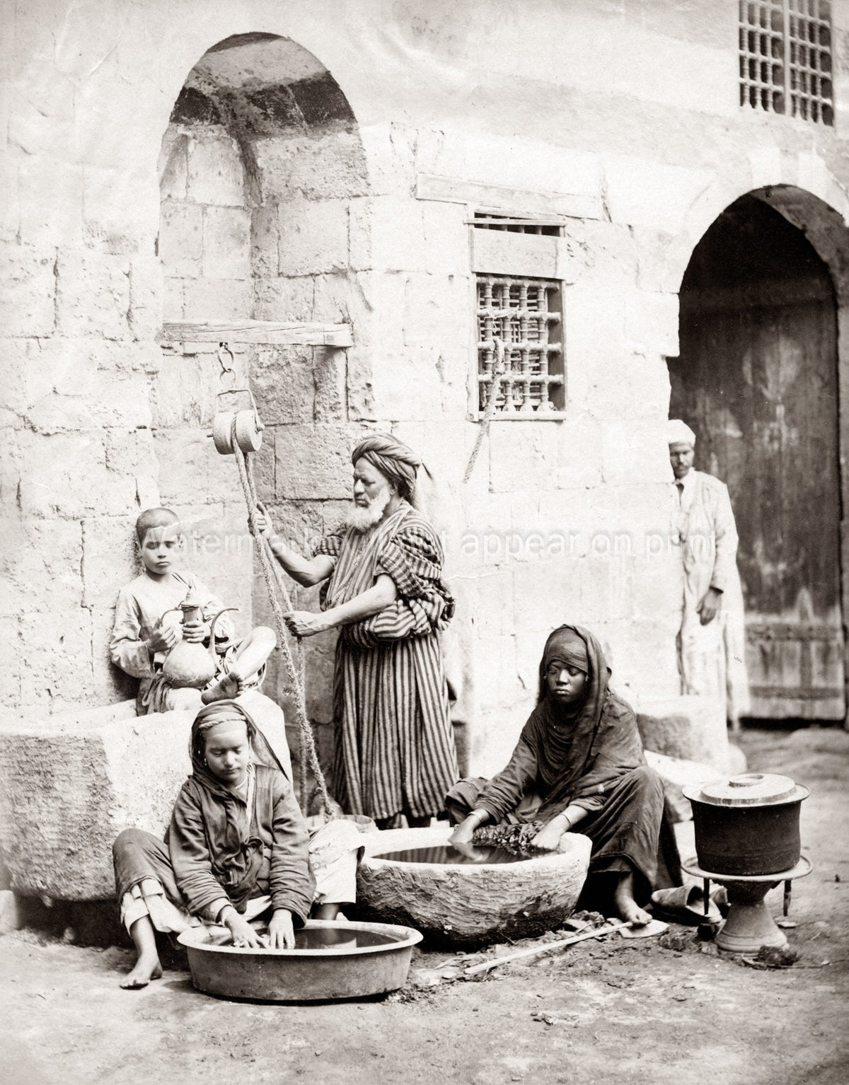 Egypt Cairo Women Washing Water Courtyard Scene Turban Vtg. Photo 19thC.