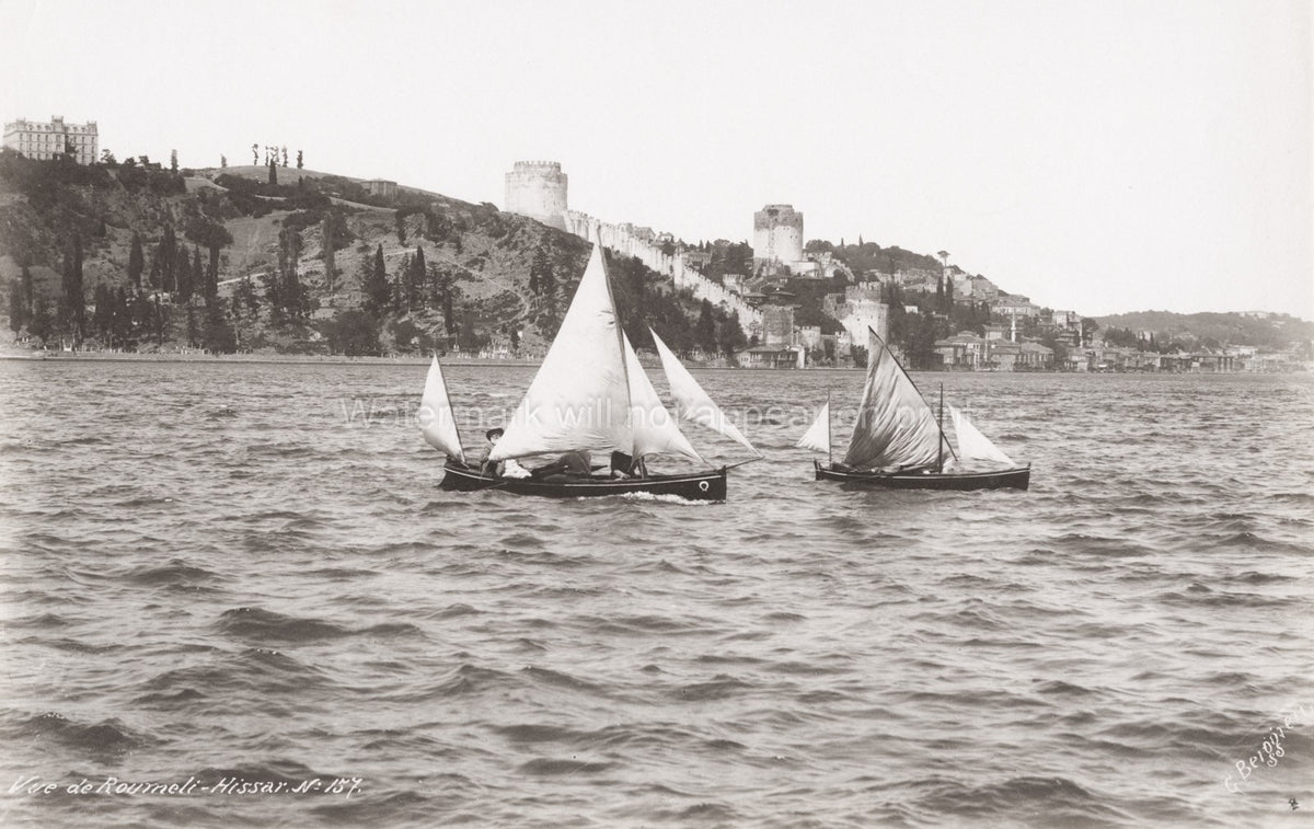Rumelihisar Rumelian Castle Bosphorous Turkey Sailboats Vtg. Photo 19thC.