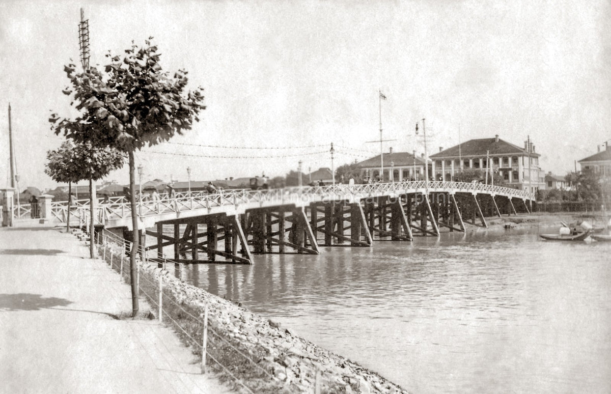 Shanghai China Wooden Trestle Bridge River Waterfront Vtg. Photo 19thC.