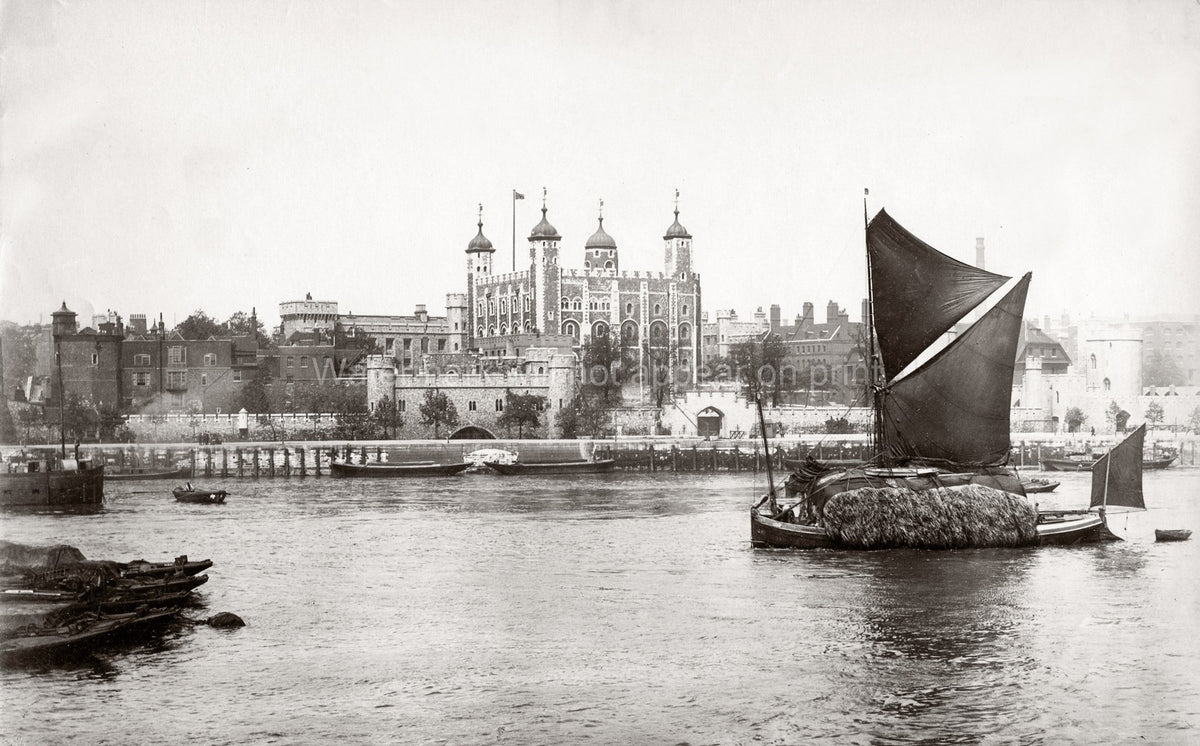 Tower London England River Thames Sailboat Barge Castle Vtg. Photo 19thC.