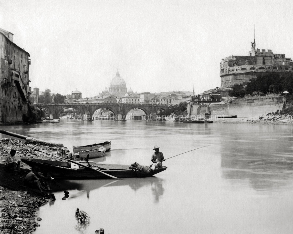 Rome Tiber River Fishermen Castel Sant'Angelo St. Peter's Vtg. Photo 19thC.
