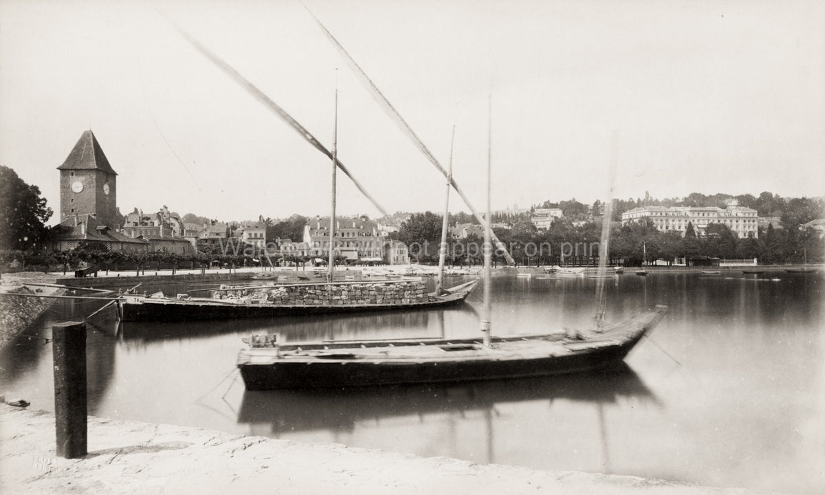Ouchy Lausanne Switzerland Lake Geneva Harbor Boats Clock Vtg. Photo 19thC.