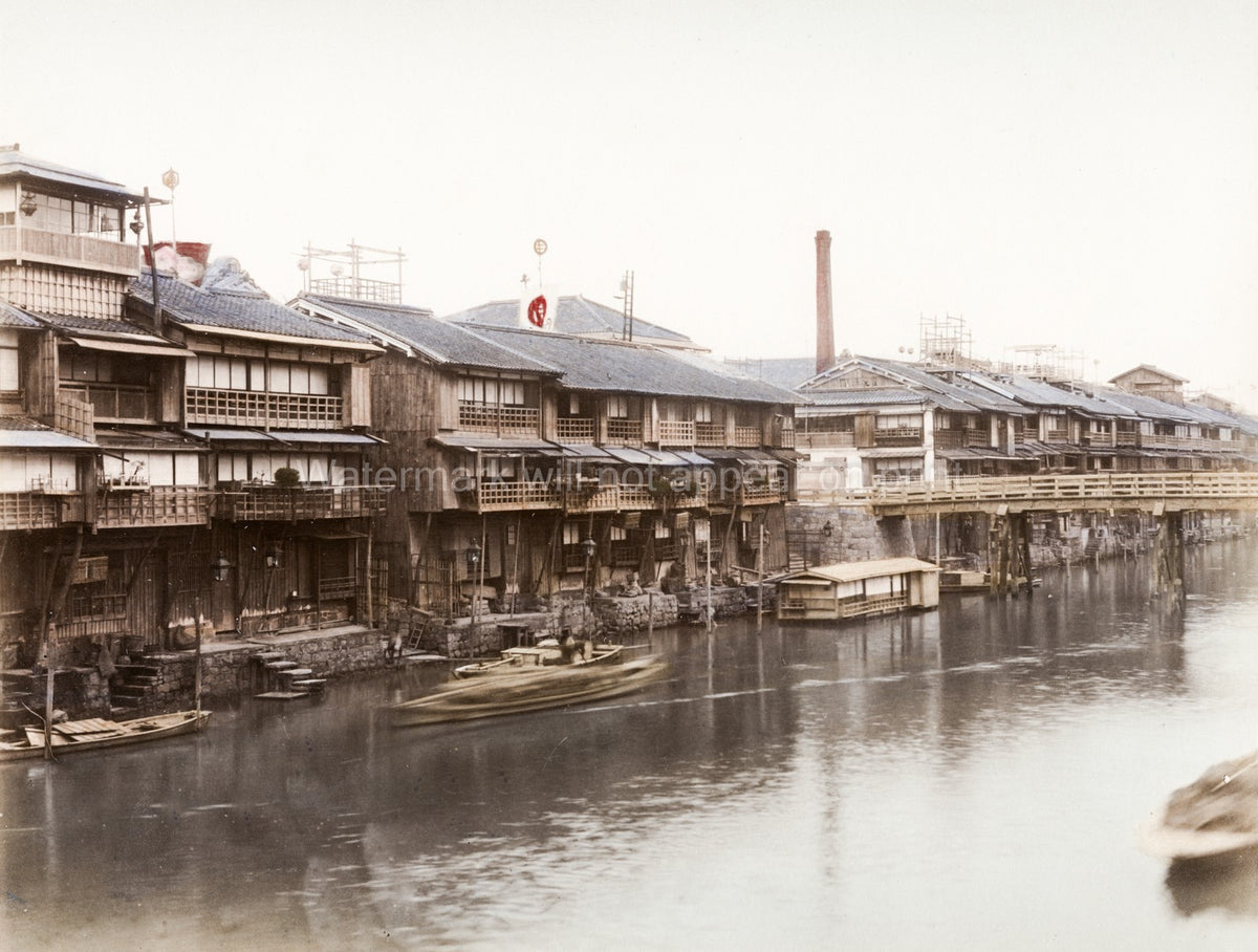Osaka Japan Dotonbori Canal Waterfront Buildings Boats Bridge Vtg. Photo 19thC.