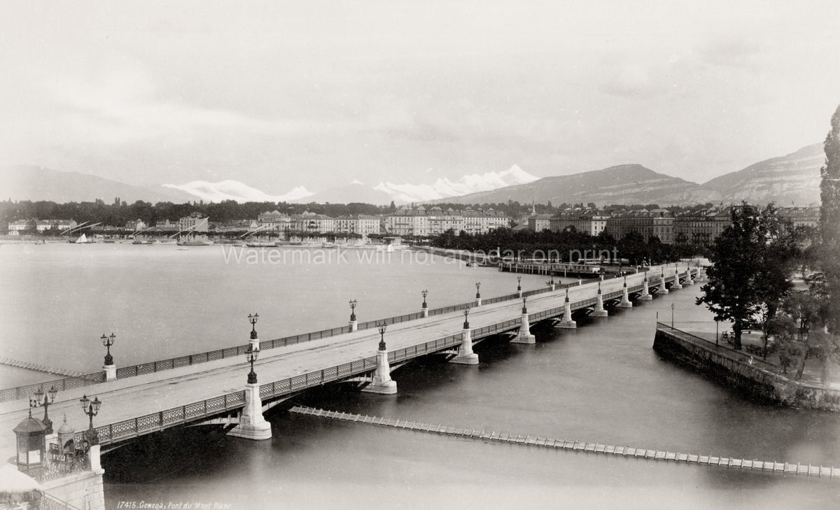 Pont Du Mont Blanc Geneva Switzerland Lake Alps Mountains Vtg. Photo 19thC.
