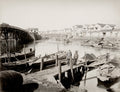 Yokohama Japan Wharf Boats Boatmen Creek River Wooden Bridge Vtg. Photo 19thC.