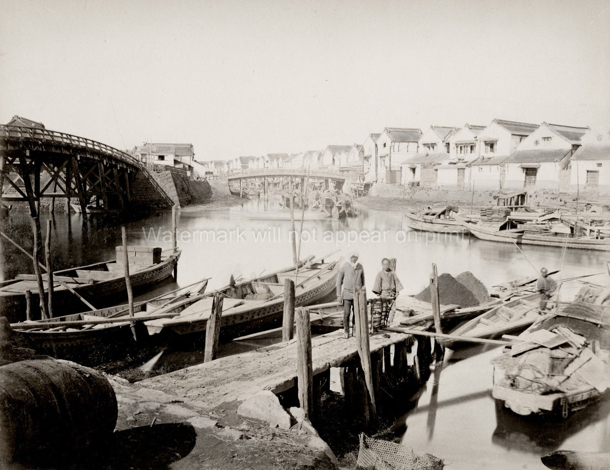 Yokohama Japan Wharf Boats Boatmen Creek River Wooden Bridge Vtg. Photo 19thC.