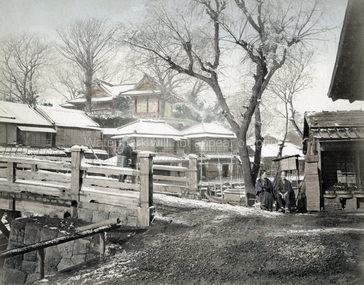 Tokyo Japan Winter Snow Scene Bridge Buildings People Trees Vtg. Photo 19thC.