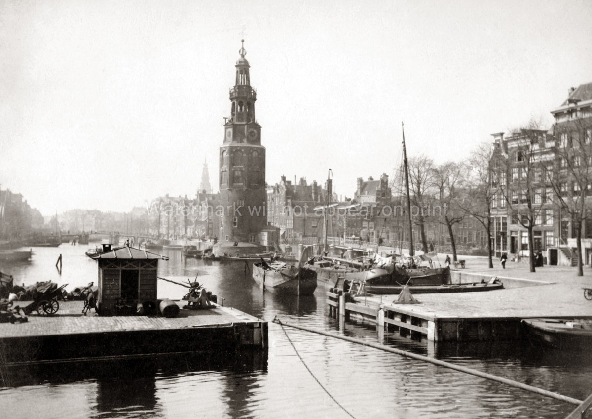 Amsterdam Mint Tower Netherlands Canal Boats Barges Cityscape Vtg. Photo 19thC.