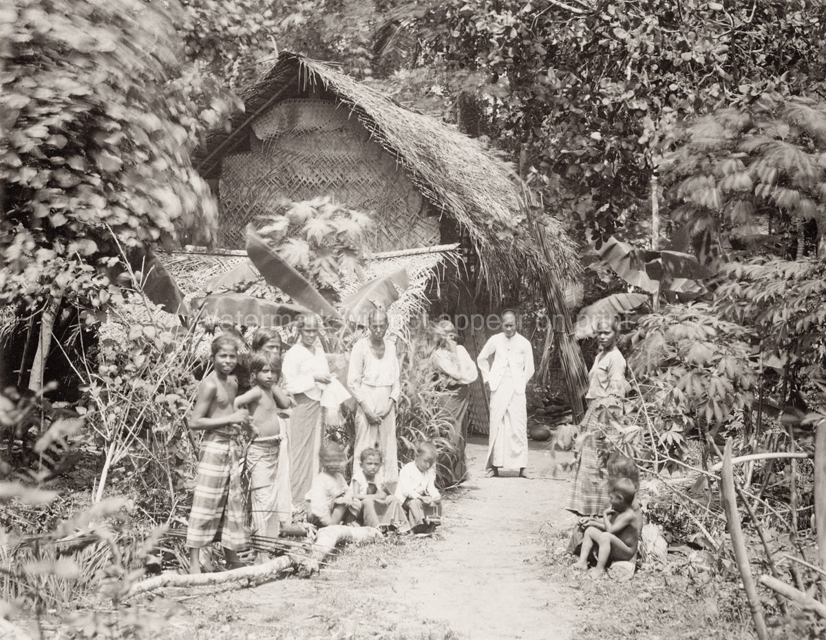 Indigenous Family Thatched Hut Home Ceylon Sri Lanka Vtg. Photo 19thC.