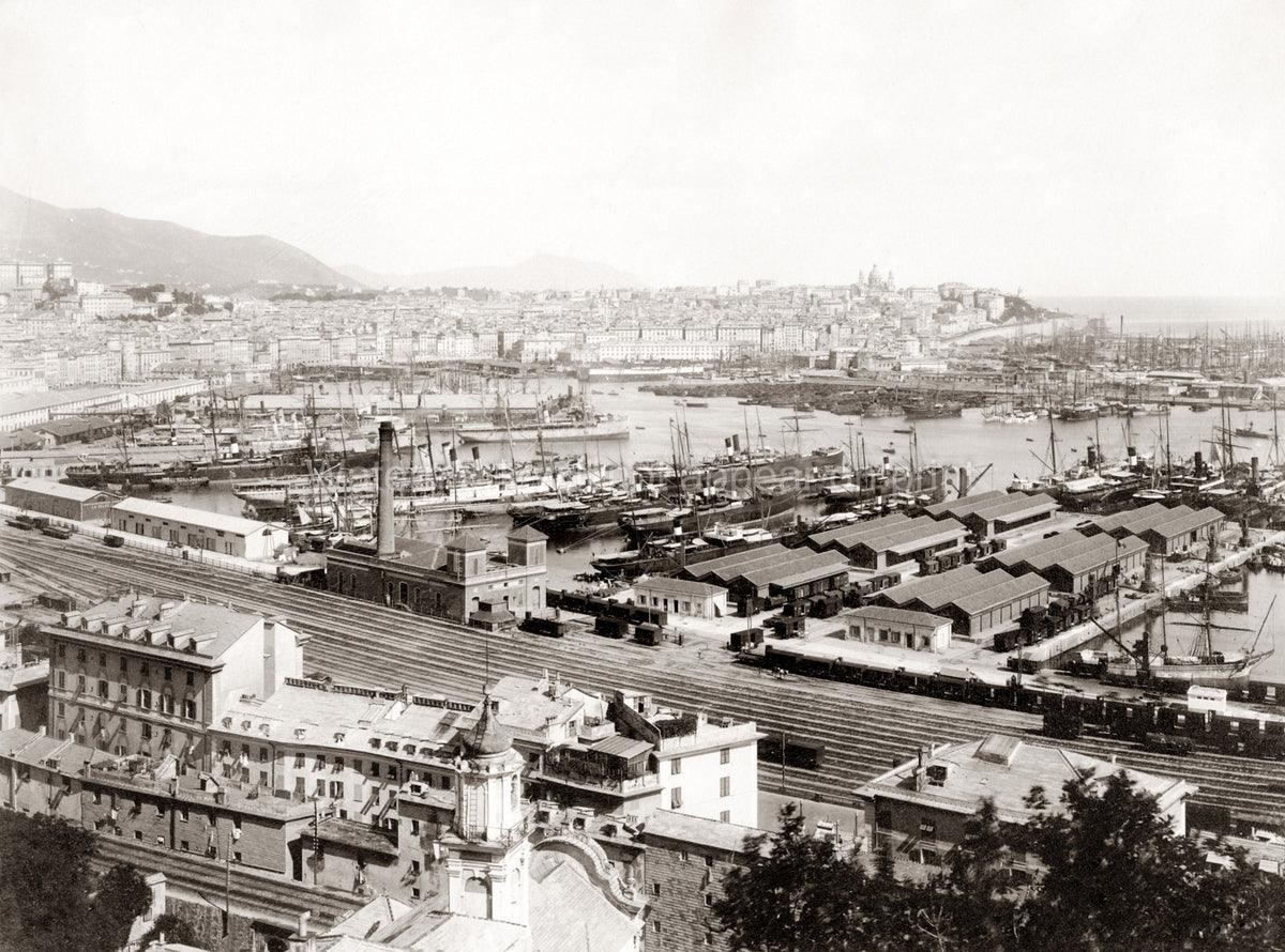 Port Genoa Genova Italy Harbor Ships Steamships Cityscape Vtg. Photo 19thC.