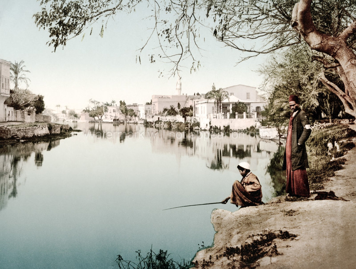 Alexandria Egypt Canal Waterfront Fishing Men Buildings Vtg. Photo 19thC.