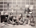 Young Japanese Women Preparing Meal Traditional Kitchen Vtg. Photo 19thC.