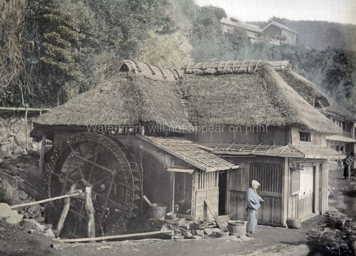 Japan House Water Mill Rural Thatch Roof Countryside Woman Vtg. Photo 19thC.