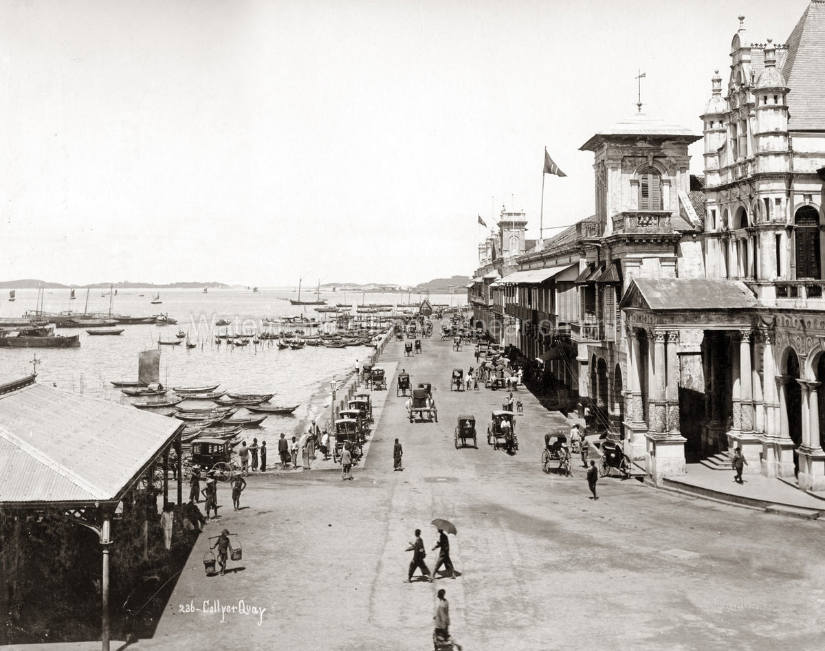 Collyer Quay Singapore Waterfront Harbor Rickshaws Street Vtg. Photo 19thC.