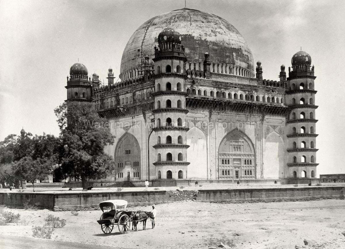 Gol Gumbaz Bijapur India Mausoleum Dome Minarets Horse Cart Vtg. Photo 19thC.
