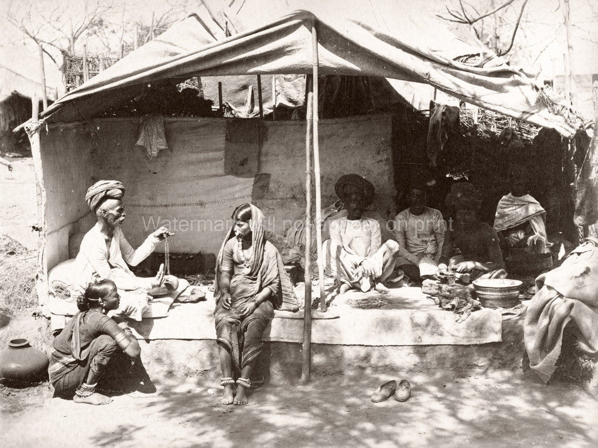 India Family Group Daily Life Tent Shelter Turban Sari Vtg. Photo 19thC.