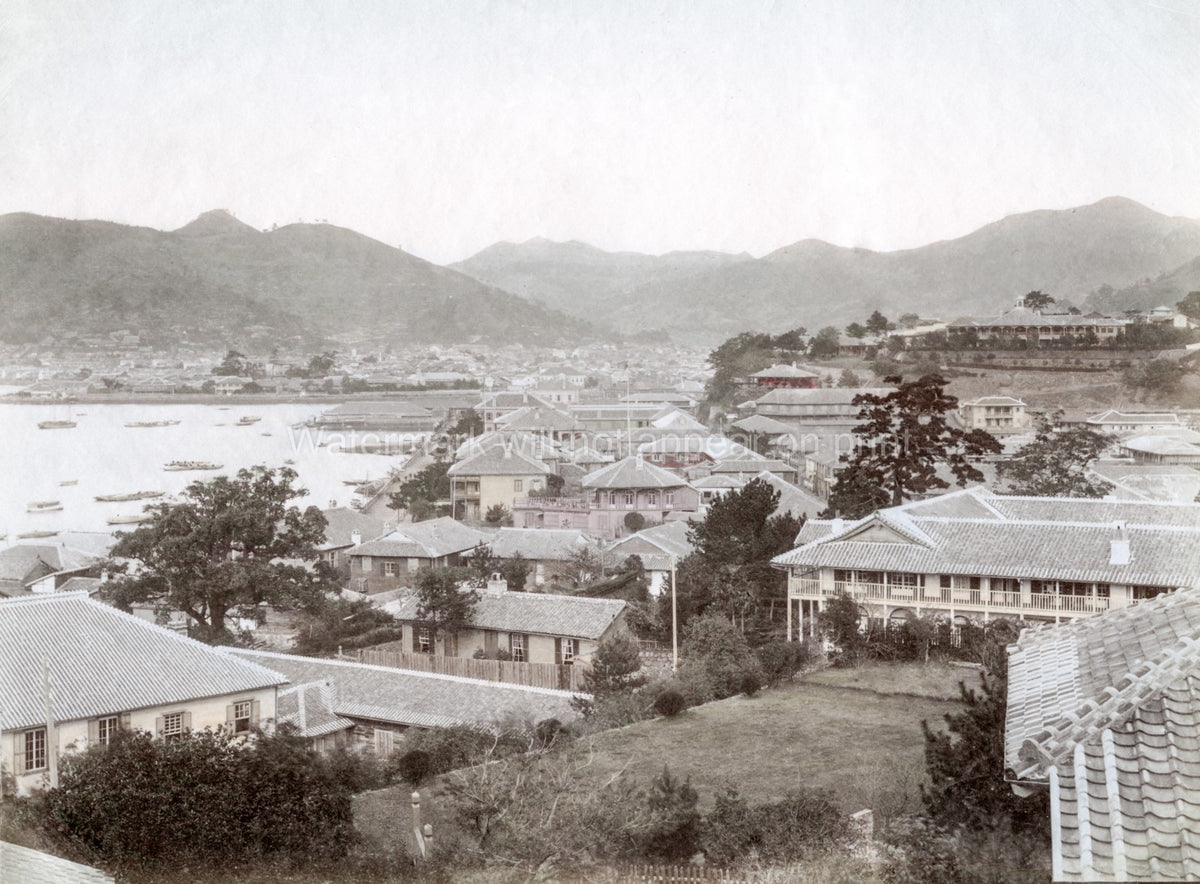Dejima Nagasaki Japan Harbor Cityscape Buildings Mountains Vtg. Photo 19thC.
