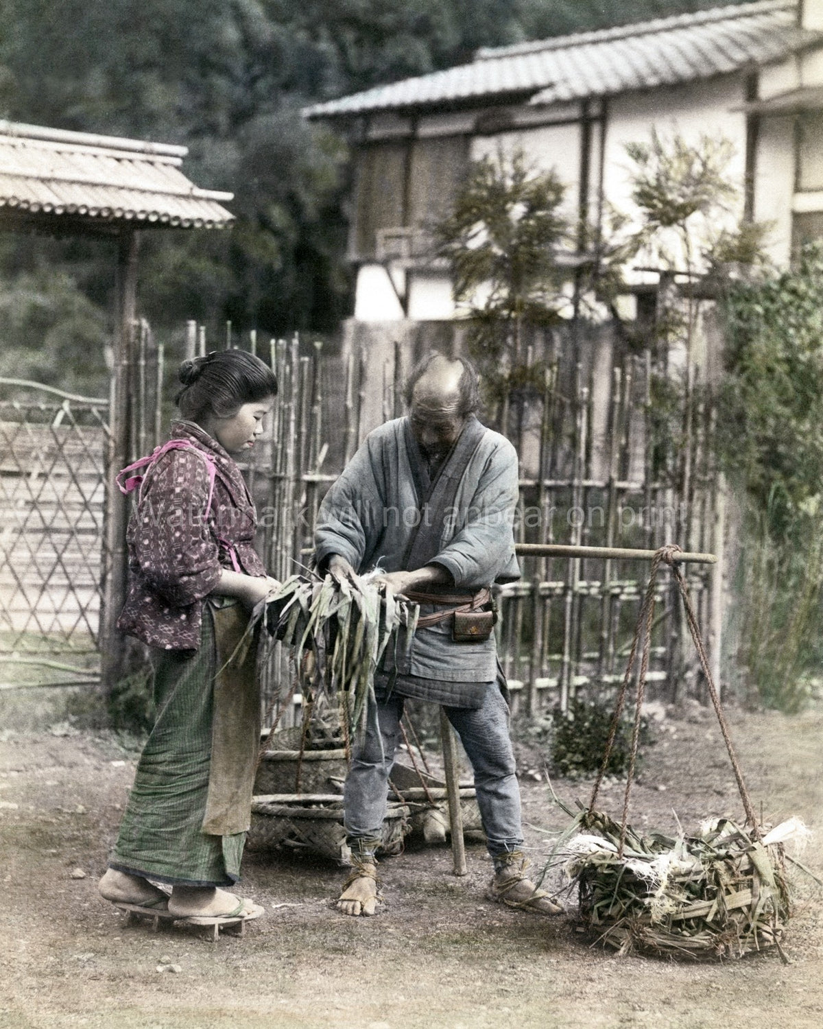 Japanese Vegetable Vendor Street Seller Customer Kimono Geta Vtg. Photo 19thC.