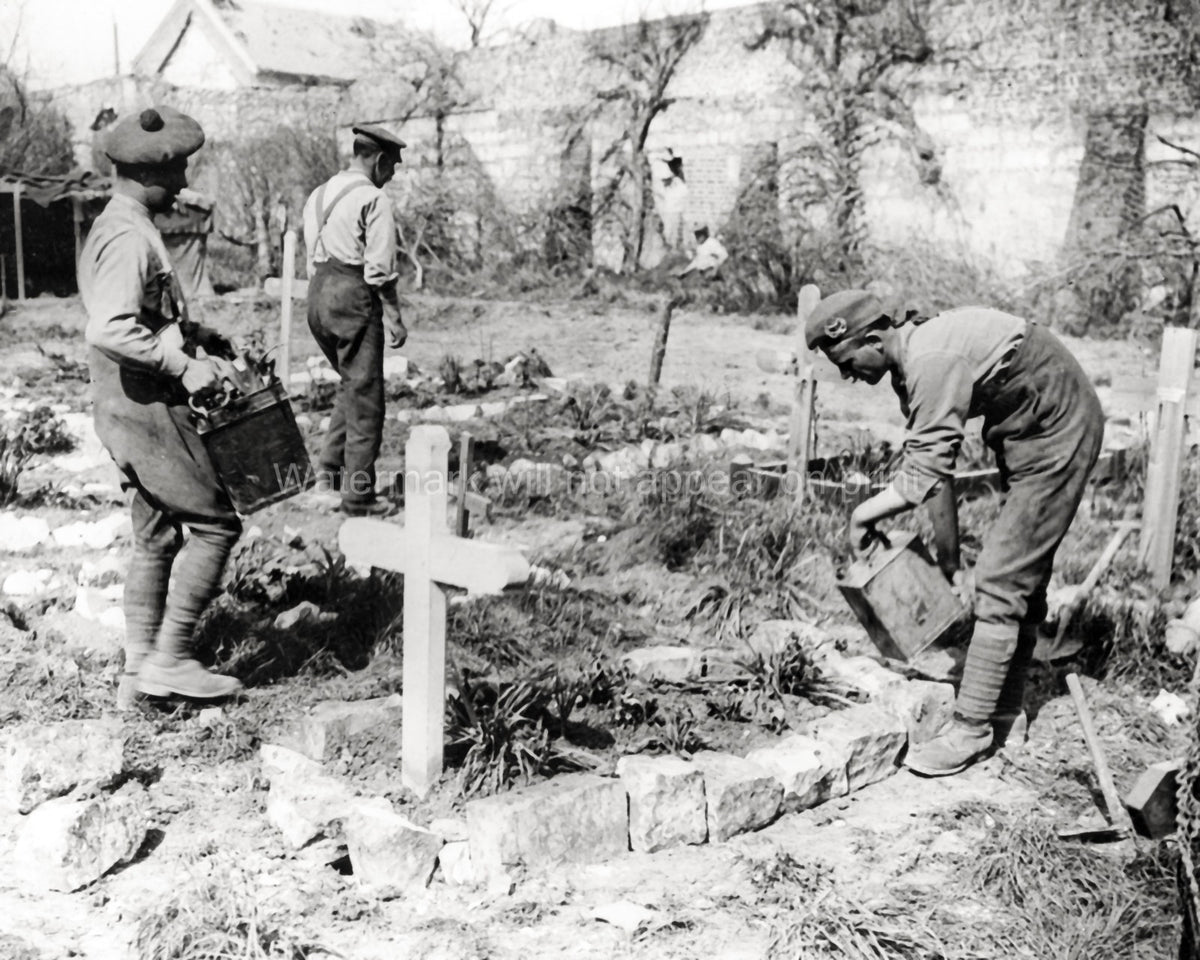 WW1 Soldiers Tending Graves France Cemetery Crosses Watering Vtg. Photo