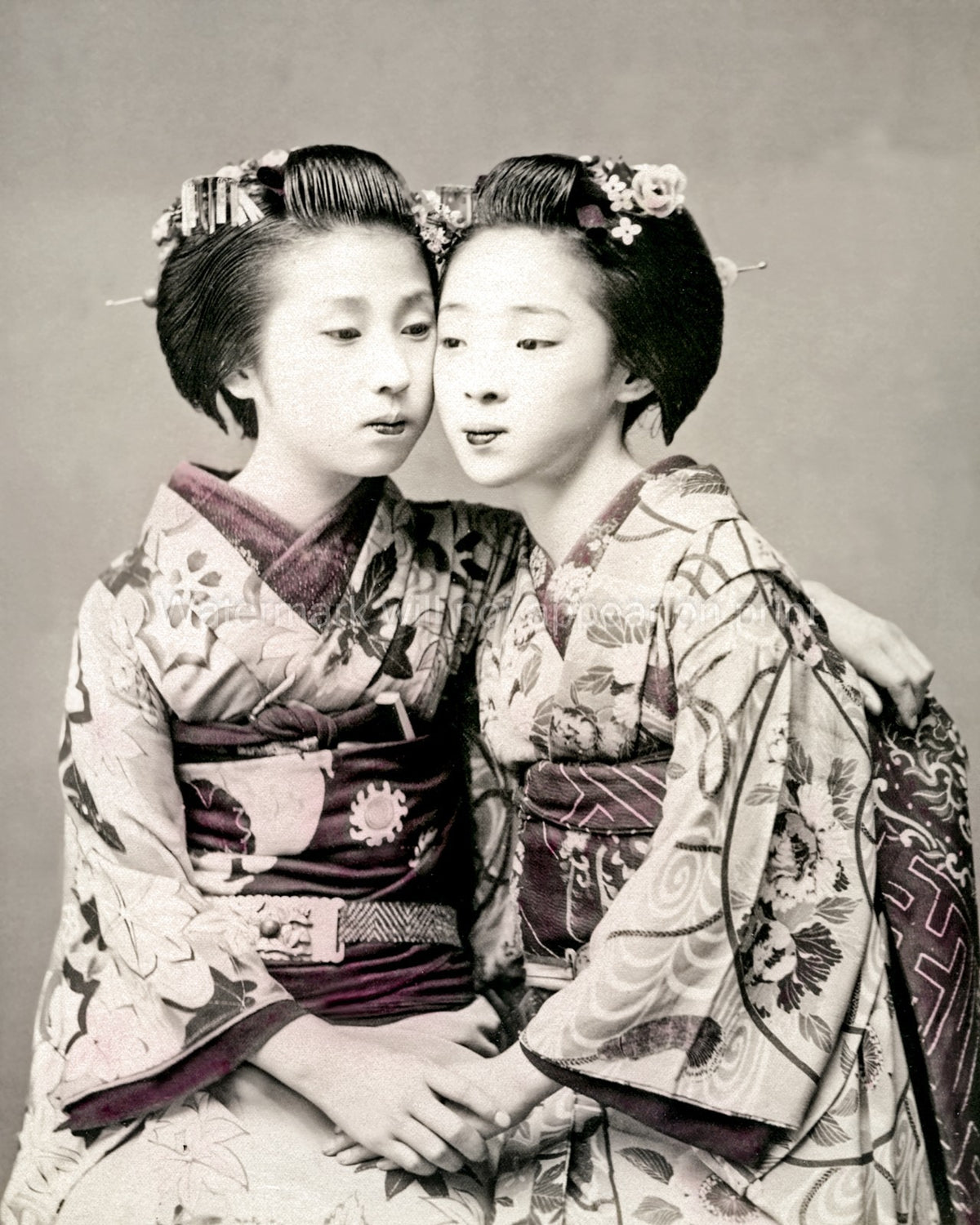 Japan Geishas Ornate Kimonos Intimate Pose Japanese Women Vtg. Photo 19thC.