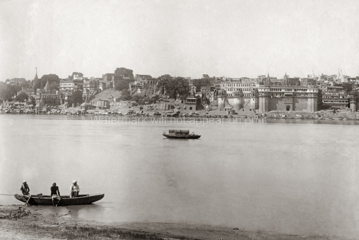 Benares Varanasi India Ganges River Ghats Temples Cityscape Vtg. Photo 19thC.