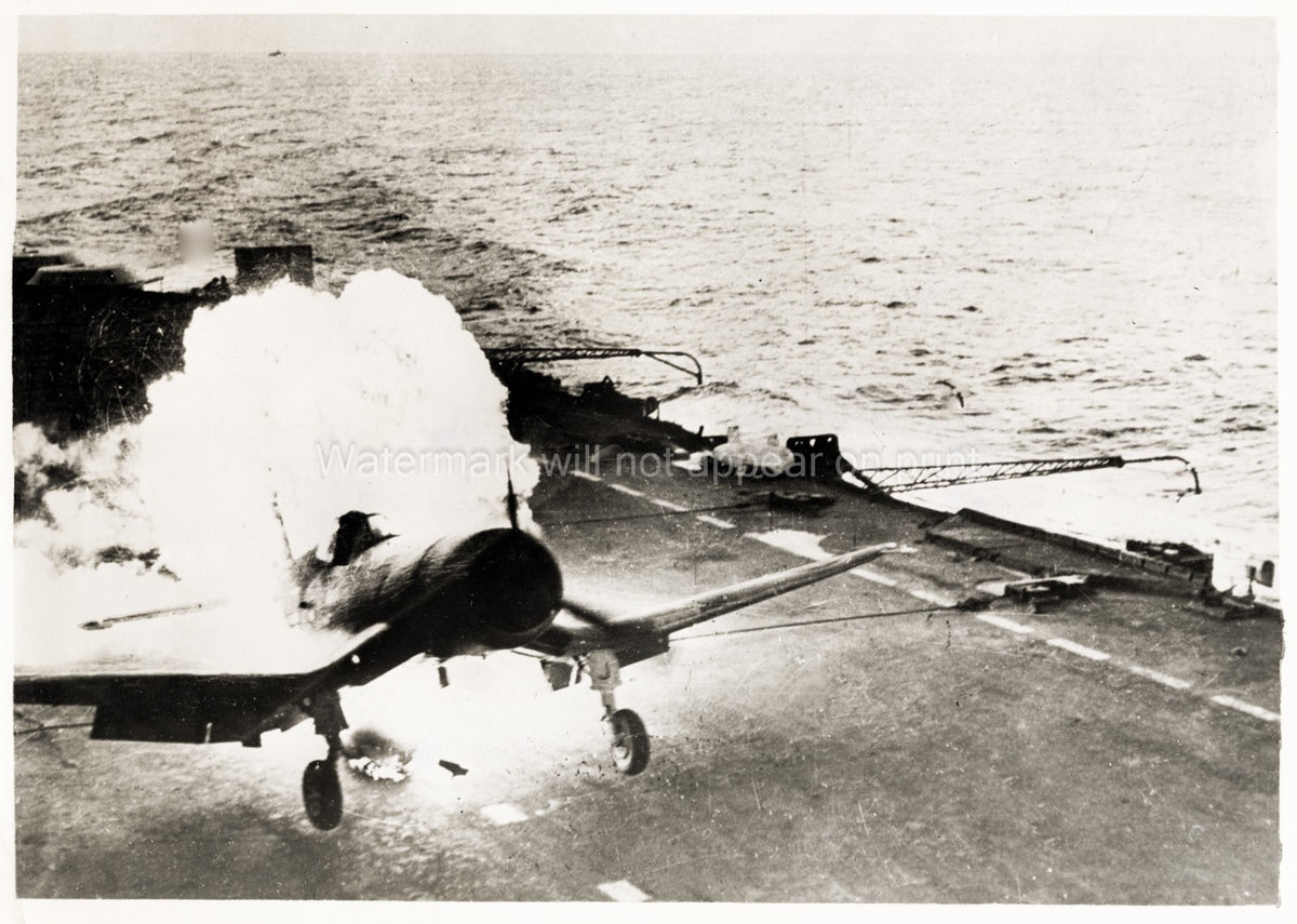World War II Corsair Plane Flames Landing Aircraft Carrier Vtg. Photo WW2