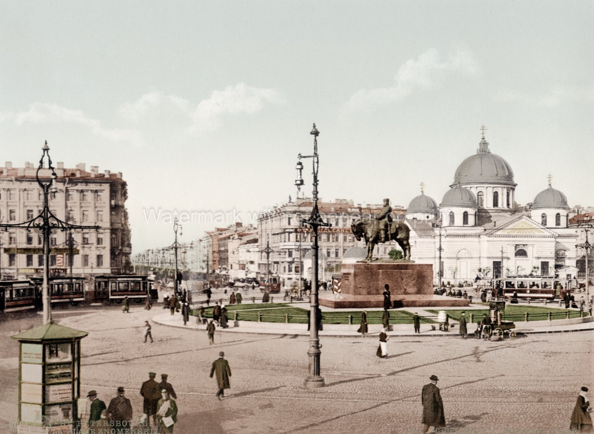 St Petersburg Znamenski Square Equestrian Statue Trams Vtg. Photo 19thC.