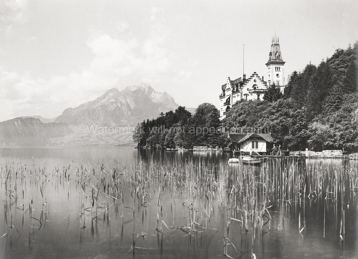 Hertenstein Lake Lucerne Switzerland Castle Mountains Scenic Vtg. Photo 19thC.