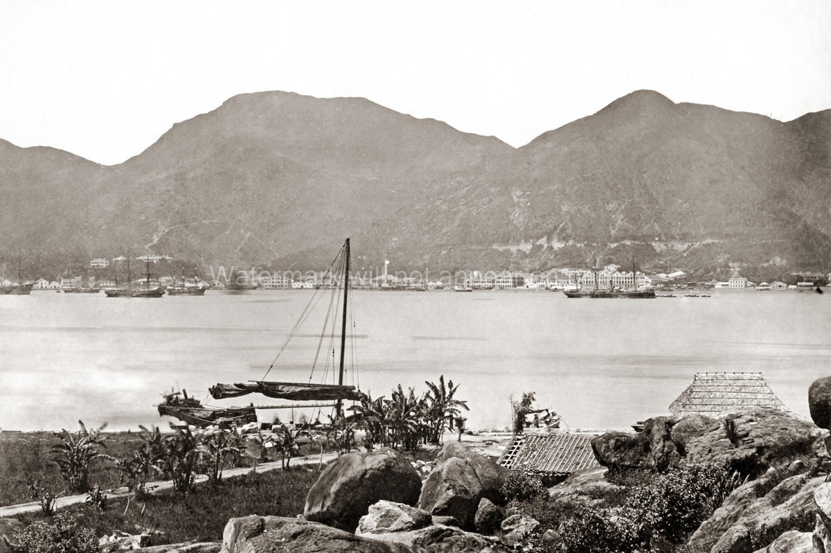 Hong Kong Victoria Harbour Ships Junks Mountains Cityscape Vtg. Photo 19thC.