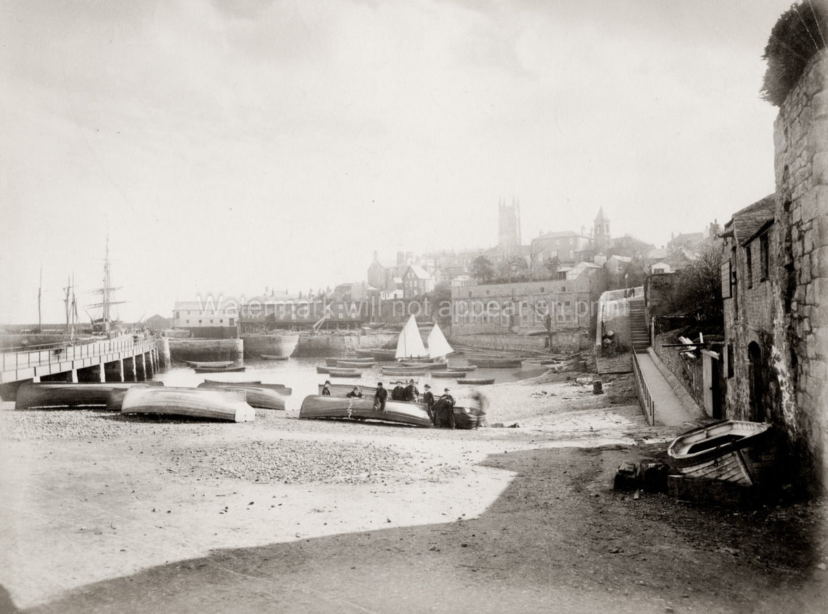 Penzance Cornwall Harbour Boats Waterfront Pier Townscape Vtg. Photo 19thC.