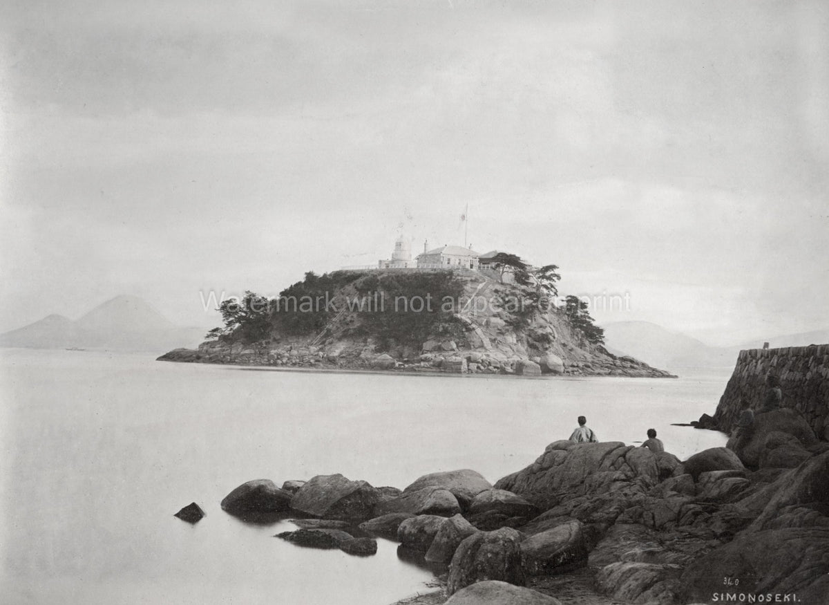 Shimonoseki Japan Mutsurejima Lighthouse Island Coastal View Vtg. Photo 19thC.