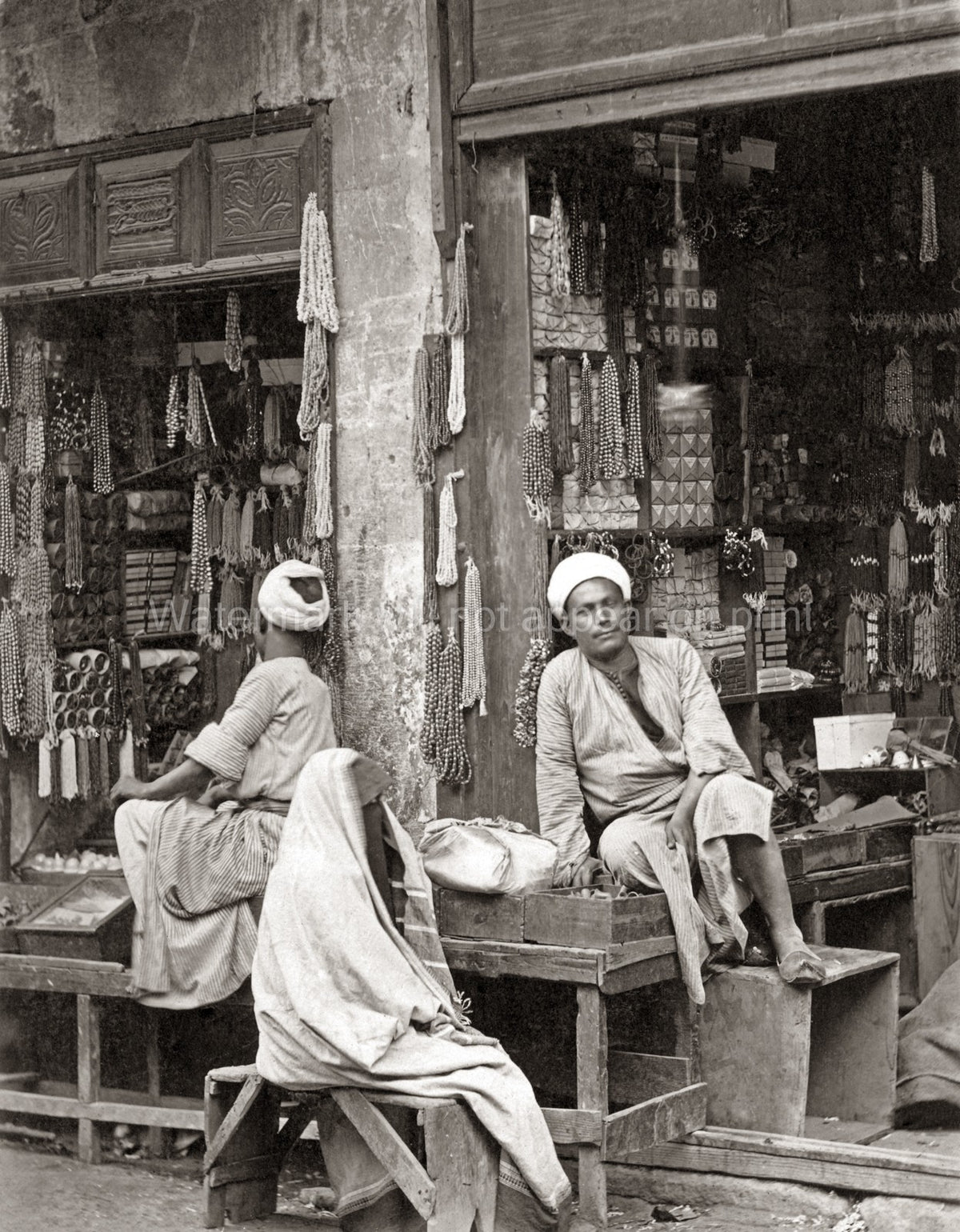 Cairo Egypt Curio Store Merchants Beads Jewelry Market Scene Vtg. Photo 19thC.