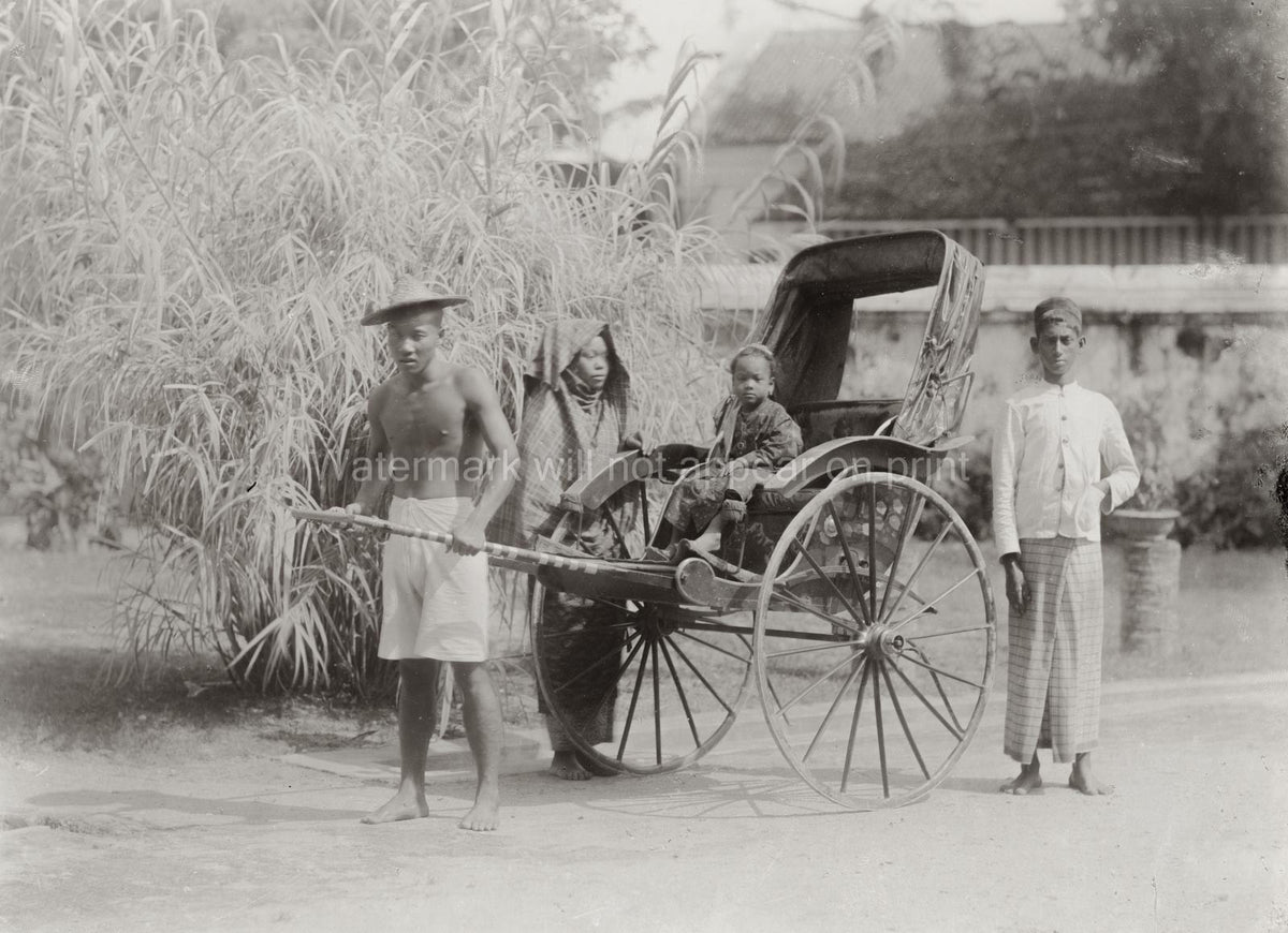 Singapore Child In Rickshaw Jinrikisha Family Puller Servant Vtg. Photo 19thC.