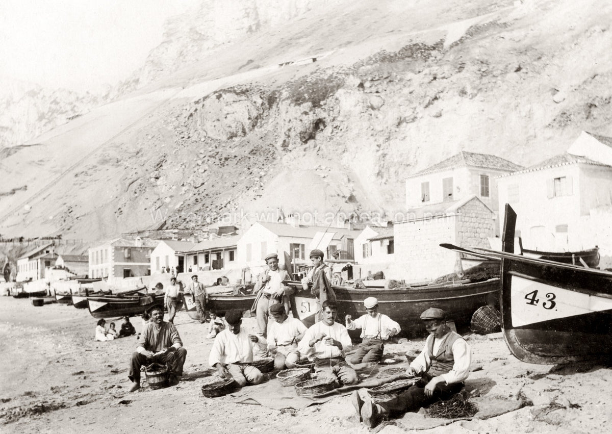 Catalan Bay Gibraltar Fishermen Mending Nets Boats Beach Vtg. Photo 19thC.