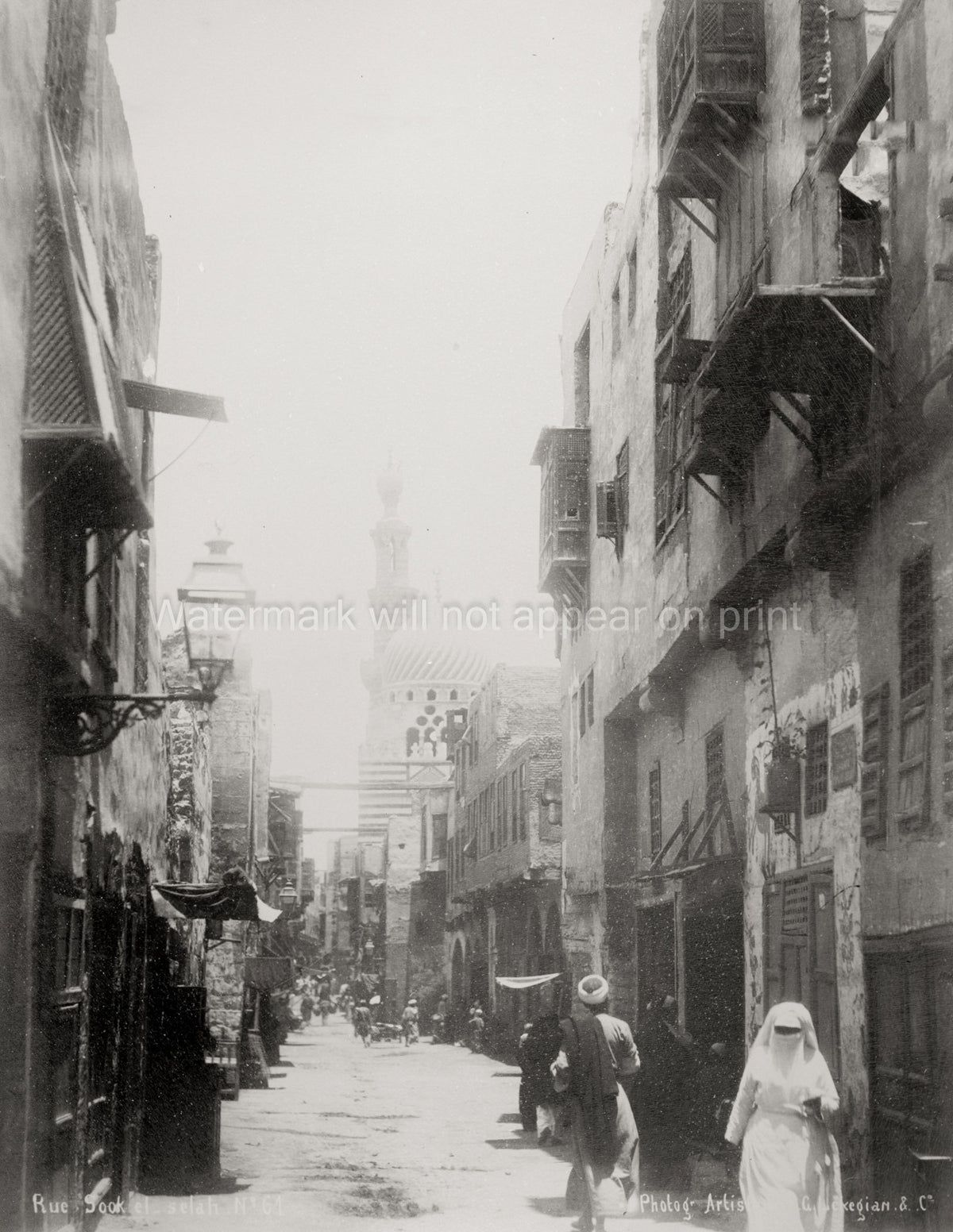 Cairo Egypt Street Scene Souk el-Selah Minaret People Vtg. Photo 19thC.