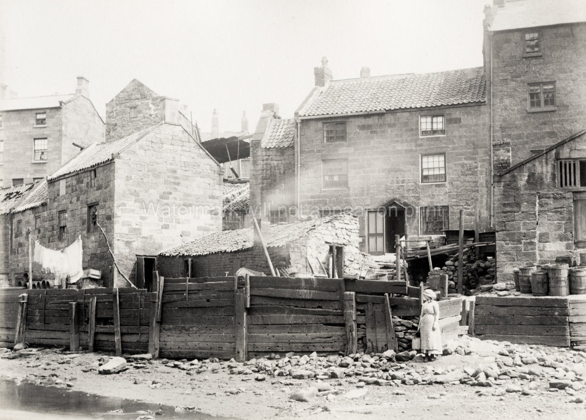 Staithes Yorkshire Fishing Family Cottage Beach Woman Seawall Vtg. Photo 19thC.