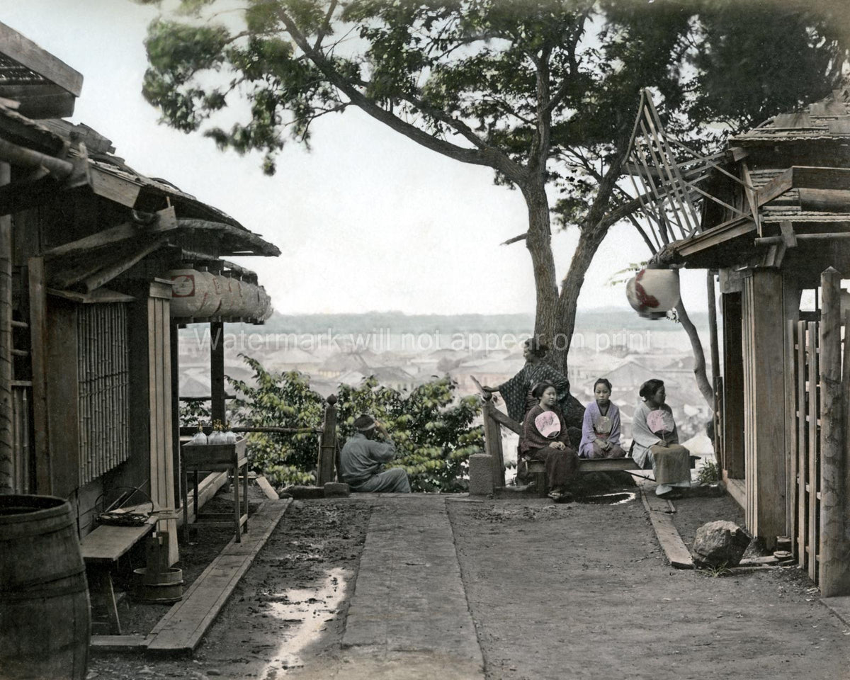 Segen Yama Tea House Yokohama Japan Women Kimono Cityscape Vtg. Photo 19thC.